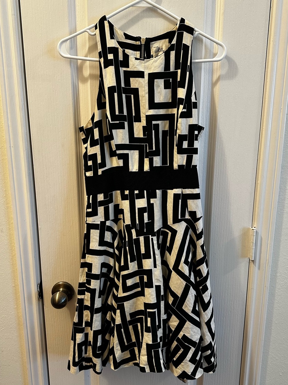 Milly of New York Geometric Print Fit & Flare Dress Black White Size 6 Made USA